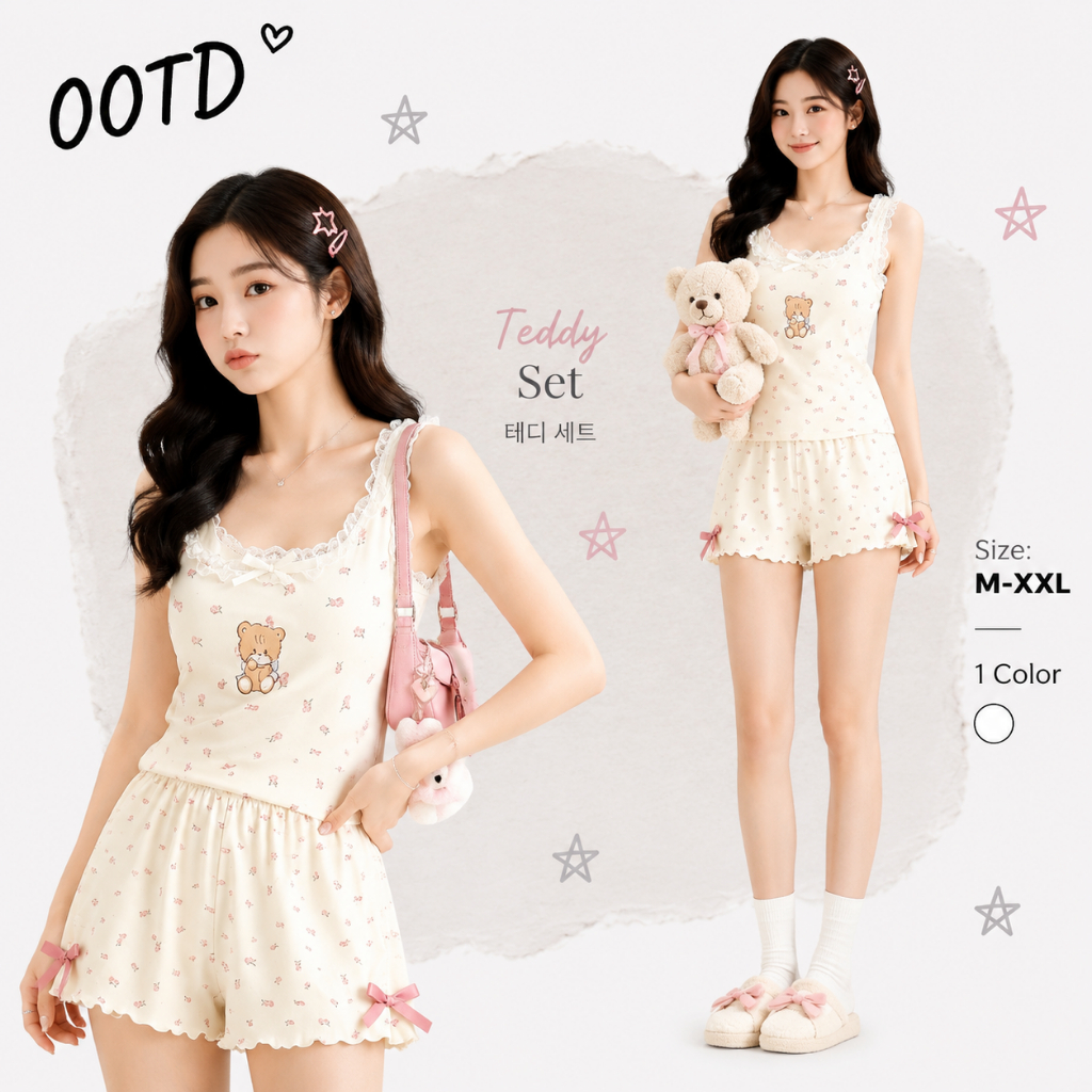 OOTD-พร้อมส่ง เสื้อผ้าผู้หญิง ชุดเซต 2 ชิ้น เสื้อกั๊ก+กางเกงขาสั้น ระบายอากาศได้ดี นุ่มสบาย บุโฟมใ บุโฟมในตัว หมีน้อย