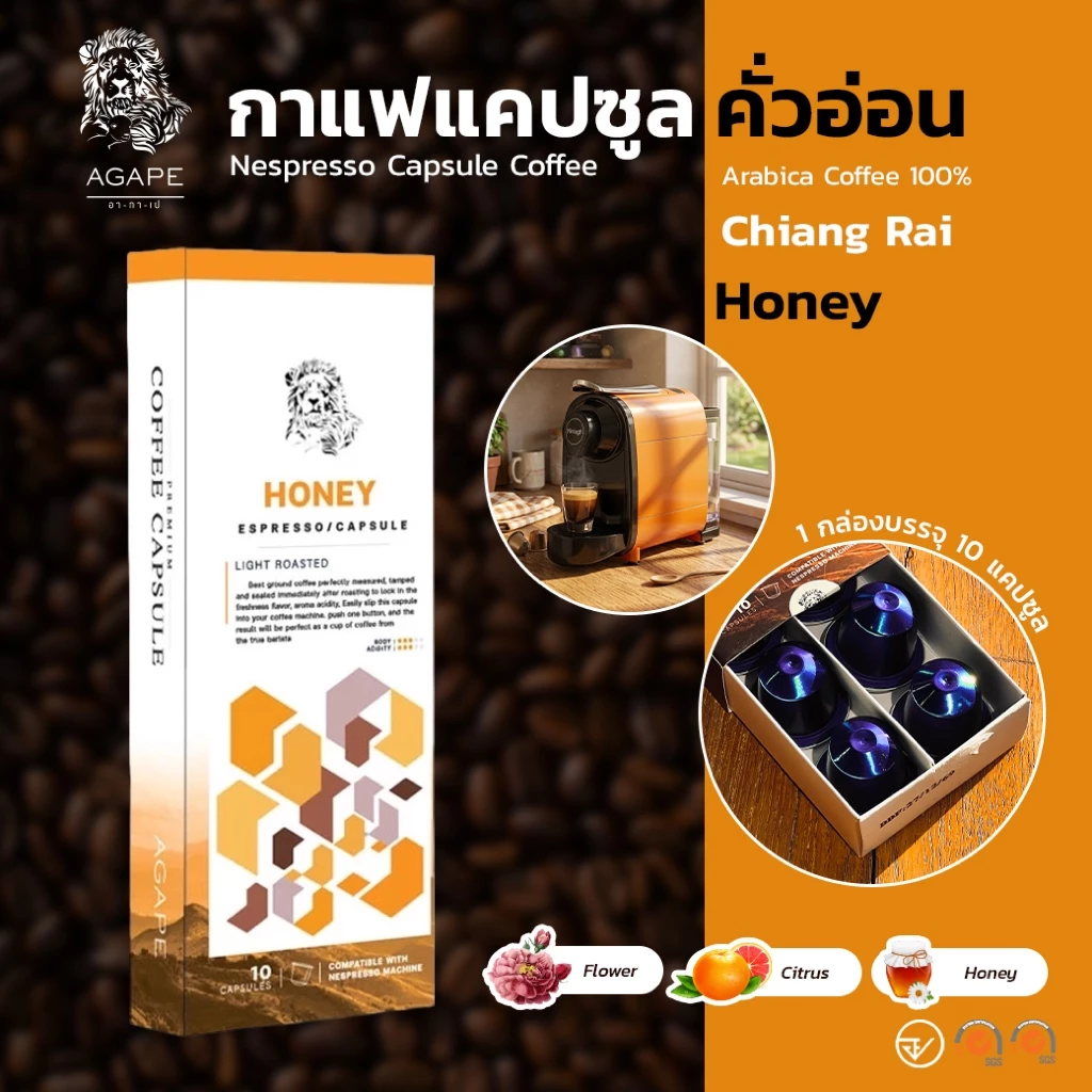 กาแฟแคปซูล ใช้กับเครื่อง Nespresso ได้ อาราบิก้า 100% คั่วอ่อน (Honey) กล่อง 10 แคปซูล