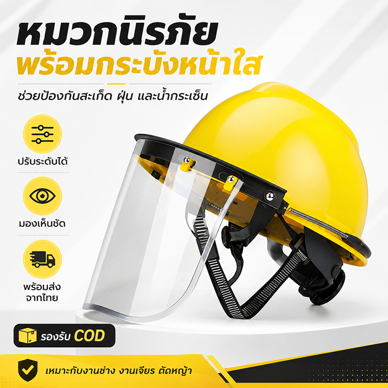 หมวกนิรภัย กระบังหน้าใส PVC Face Shield กันสะเก็ด ฝุ่น น้ำกระเซ็น สำหรับตัดหญ้า งานช่าง งานเจียร