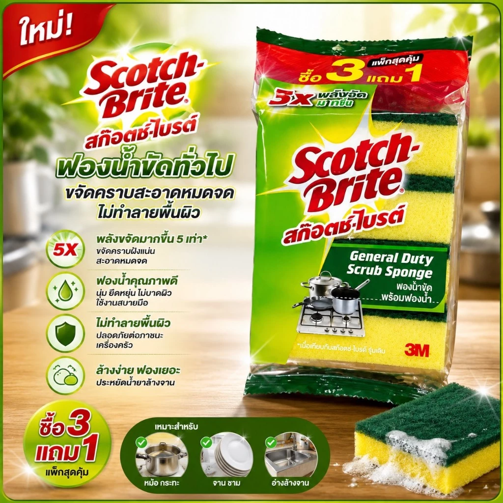 ฟองน้ำ3m1แพ็คมี4ชิ้น 3Mสก๊อตช์ไบรต์มีฟองน้ำ 3mฟองน้ำล้างจาน