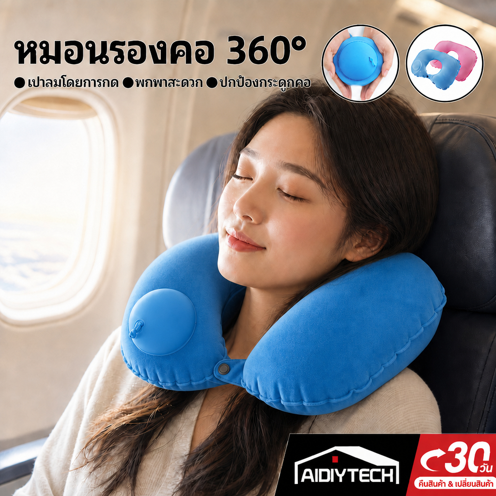 หมอนรองคอแบบเป่าลม หมอนเป่าลมแบบกด ไม่ต้องเป่าด้วยปาก หมอนรองคอพกพา พับเก็บได้ แก้ปวดคอ นั่งเครื่องบิน รถทัวร์ [ส่งด่วน]