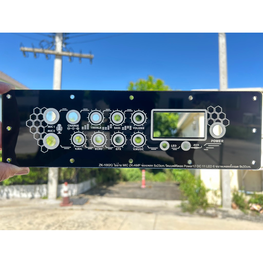 เพลทลำโพงบลูทูธZK-1002Qไม่ย้าย+MIC AMP ช่องเพลท5x23cm.วัดแบตดิจิตอล Power12 DC 11มิลสวิตซ์LED 6มิลหน