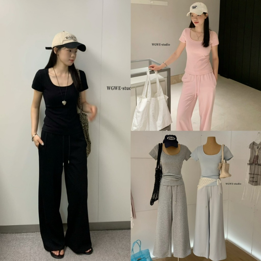 (พร้อมส่ง) Cozy Day Set เสื้อคอยูแขนสั้น+กางเกงขายาว - 9913 TAG WG.WE 🇰🇷