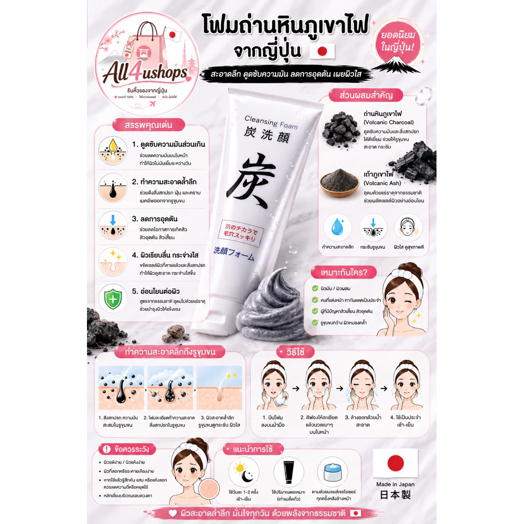 ส่งได้ 26/8/26 โฟมล้างหน้าถ่านหินภูเขาไฟ Cleansing Foam" นำเข้าจากประเทศญี่ปุ่น