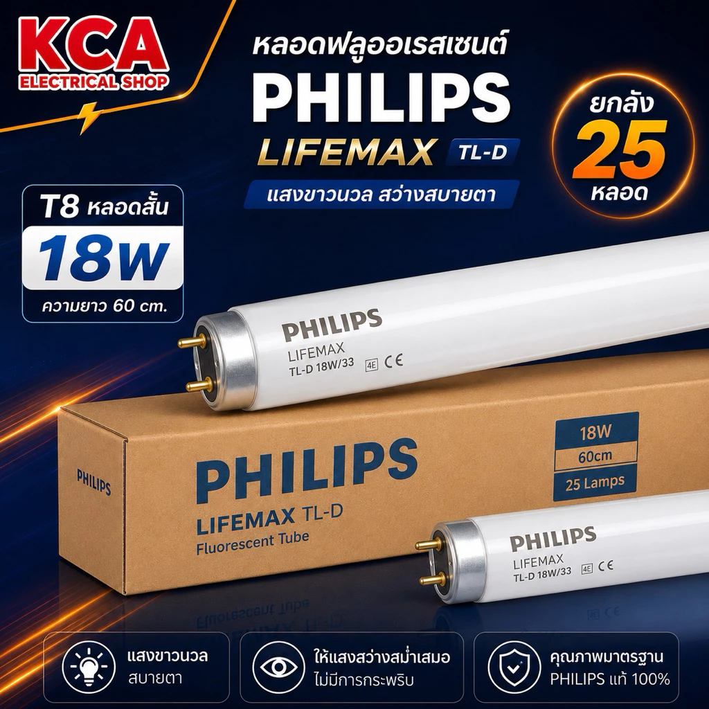 PHILIPS หลอดไฟนีออน หลอดสั้น Lifemax TL-D 18W 36W/54-765 แสงขาว DAYLIGHT 1 ลัง 25 หลอด