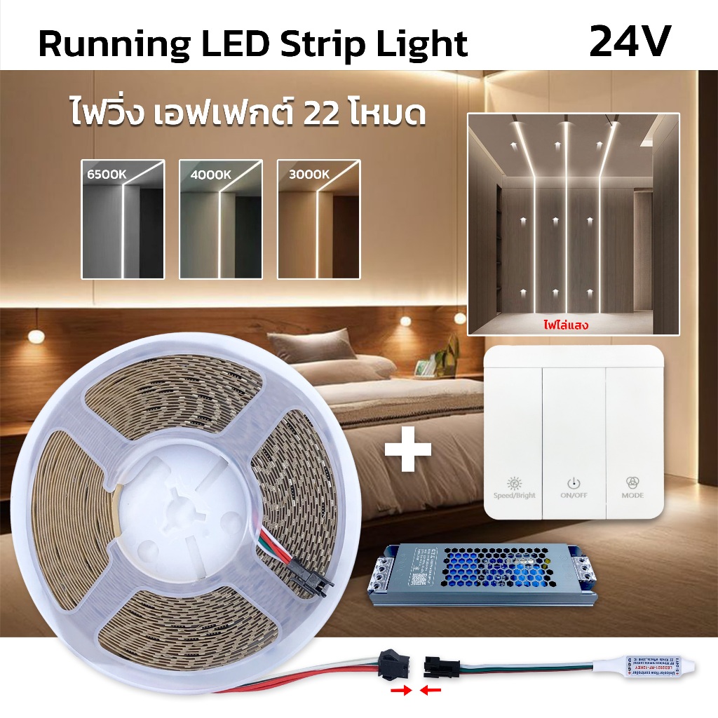 Running LED Strip Light 2835 ไฟมะรุม ไฟแช่ ไฟวิ่ง เอฟเฟกต์ 22 โหมด24V สามารถตัดได้ 1เมตร 6ตัด