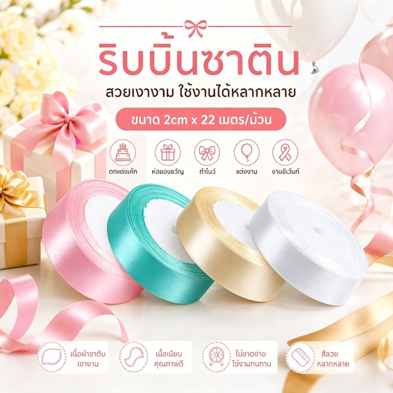 กรุงเทพจัดส่ง ริบบิ้นซาตินกว้าง2cm ยาว22เมตร/ม้วน ผ้าซาตินเงางาม สีหลากหลาย ห่อของขวัญ ทำโบว์