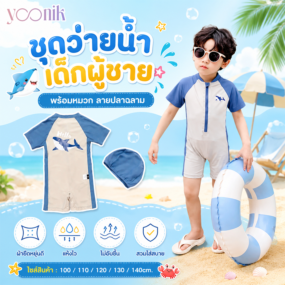 💥พร้อมส่งจากไทย💥 ชุดว่ายน้ำเด็กผู้ชาย พร้อมหมวก ลายปลาฉลาม