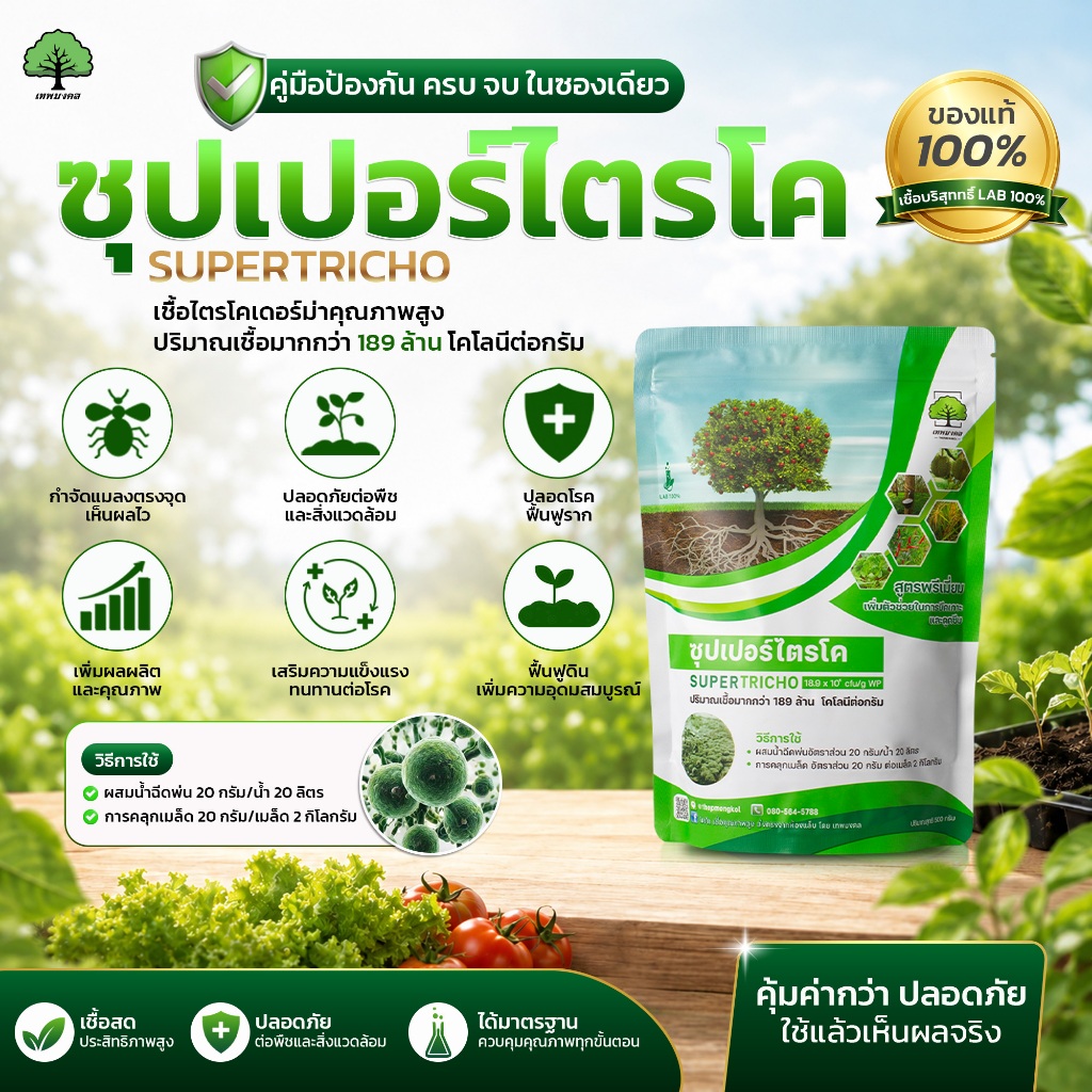 ซุปเปอร์ไตรโค 2 ซอง กำจัดเชื้อรา รากเน่า โคนเน่า ตราเทพมงคล