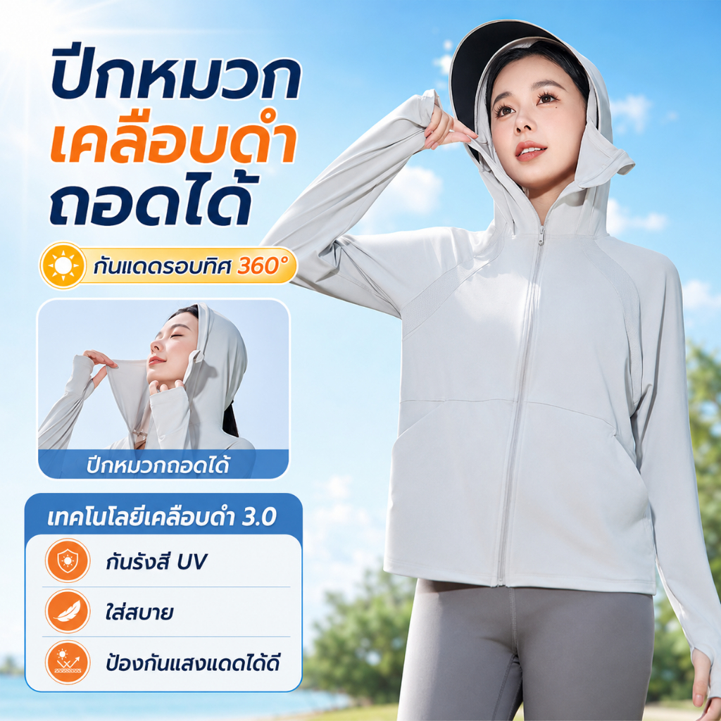 เสื้อกันแดดผู้หญิง เสื้อคลุมกัน UV ผ้าเย็น แขนยาว กันแดด 360° ฮู้ดถอดได้ ระบายอากาศดี ใส่เที่ยว ขี่รถ