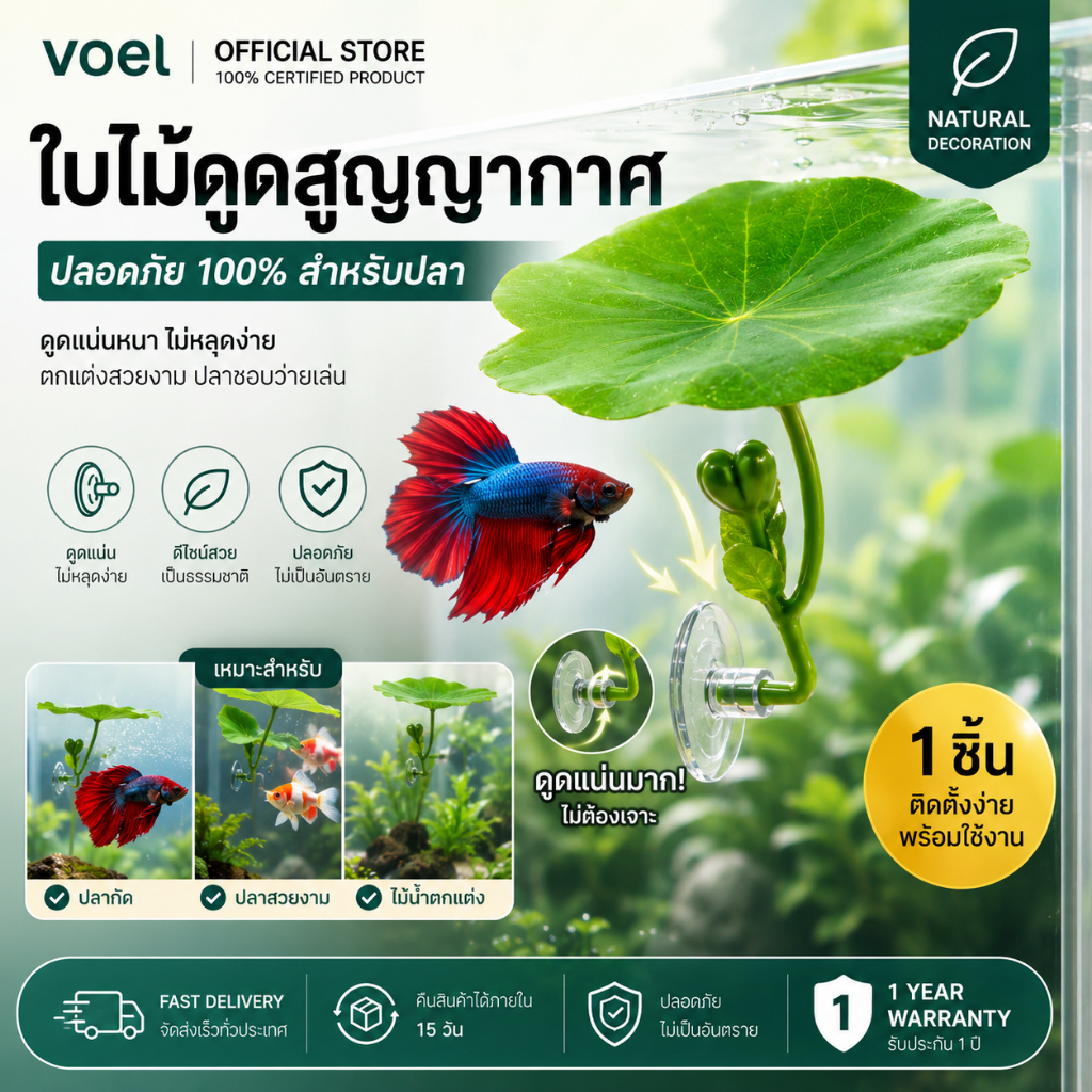 Voel เปลใบไม้สีเขียว1ชิ้นสำหรับปลากัดปลาลดความเครียดของตกแต่งตู้ปลาที่ปลอดภัยพร้อมถ้วยดู