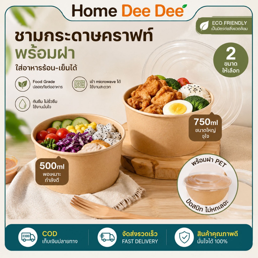 ชามกระดาษคราฟท์ ถ้วยอาหารพร้อมฝา PET 500ml 750ml กล่องอาหารเดลิเวอรี่ ชามสลัด Food Grade แพ็ค25ใบ