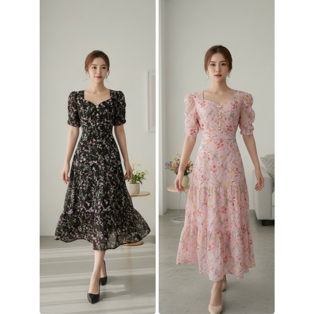 ️👗s882เดรสยาวชีฟองคอเหลี่ยมหัวใจแต่งกระดุมมุกหน้าแขนสั้นยกเจ้าหญิงจีบย่นกปทรงแต่งเป็นชายระบายชั้นๆมีโบว์เอวเข้ารูปสวย