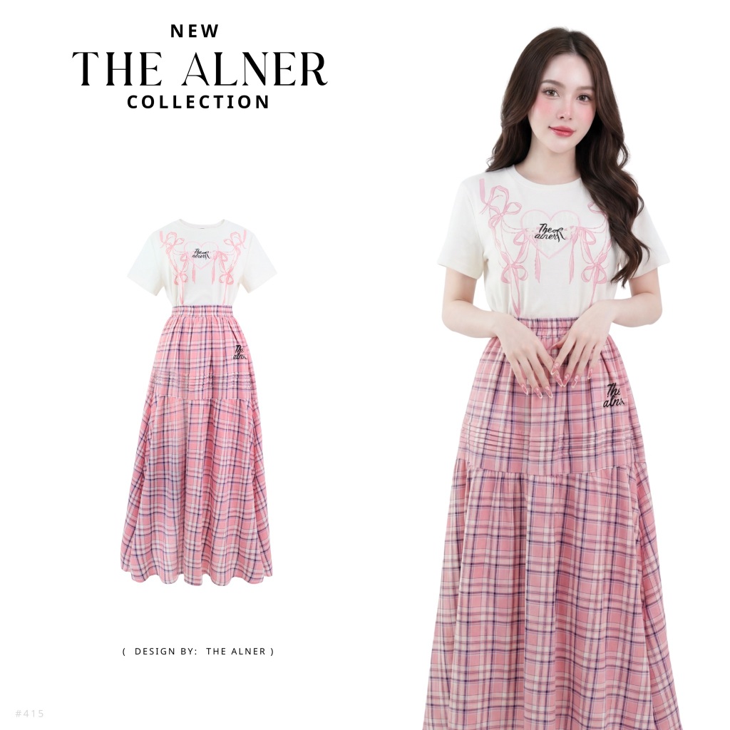 Thealner-AN415 (เซ็ตเสื้อขาวหัวใจแขนสั้น กระโปรงสก็อตชมพู)