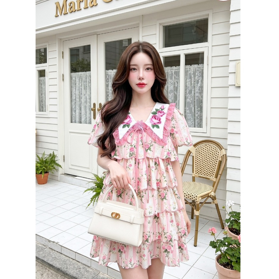 (มี3XL) Maria Diamond สีชมพู A lot of rose dress เดรสสั้นผ้าเปเป้งานปักกระโปรงเลเยอร์งานปักขอบ ปกปักกุหลาบ ซิปหลัง มีซับ