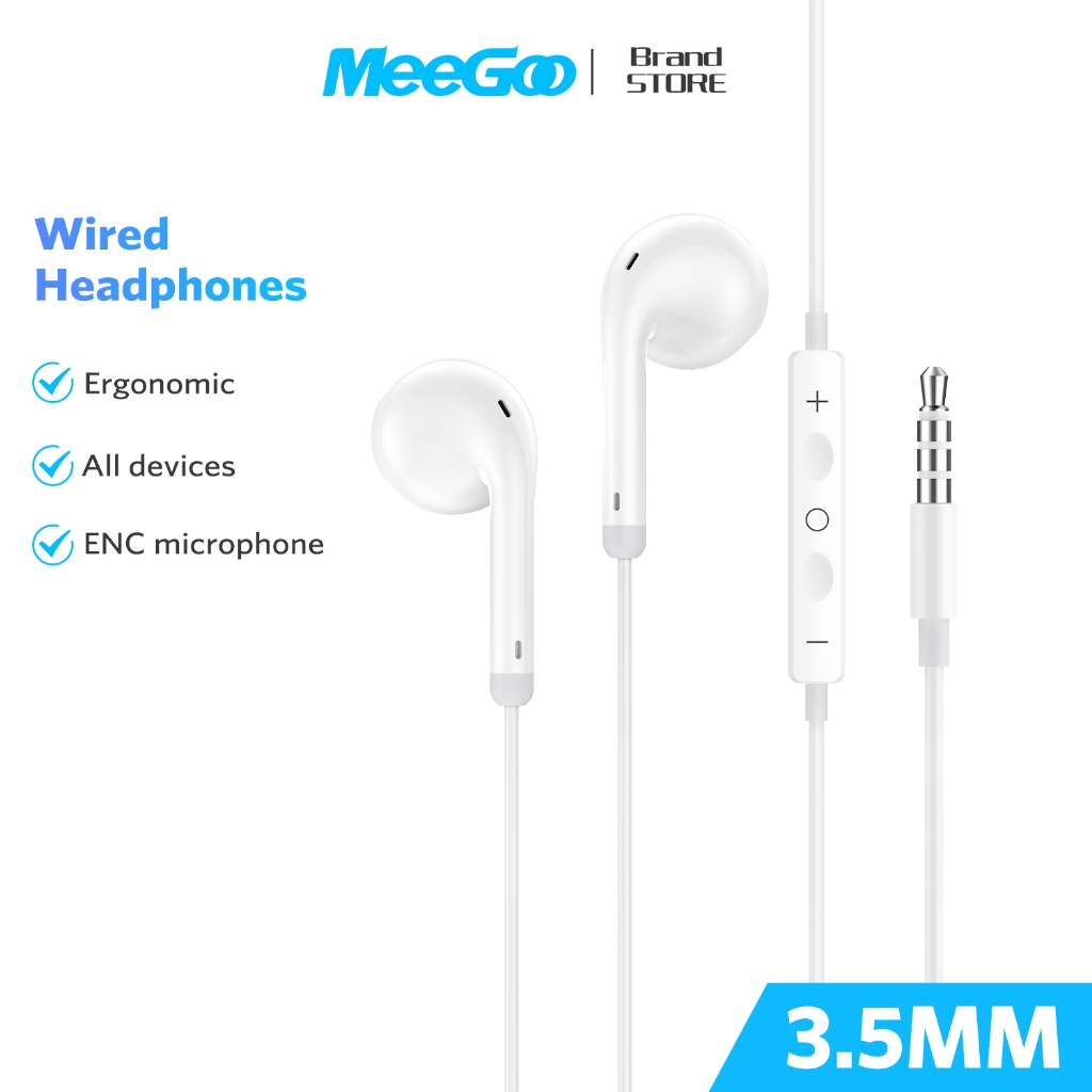 MEEGOO หูฟังแบบมีสาย ชนิดใส่ในหู3.5mm มีไมค์ควบคุมสาย เส้นนี้ยาว1.2เมตร ดีไซน์แบบใส่ในหู เสียงเบสหนัก กันเสียงรบกวน