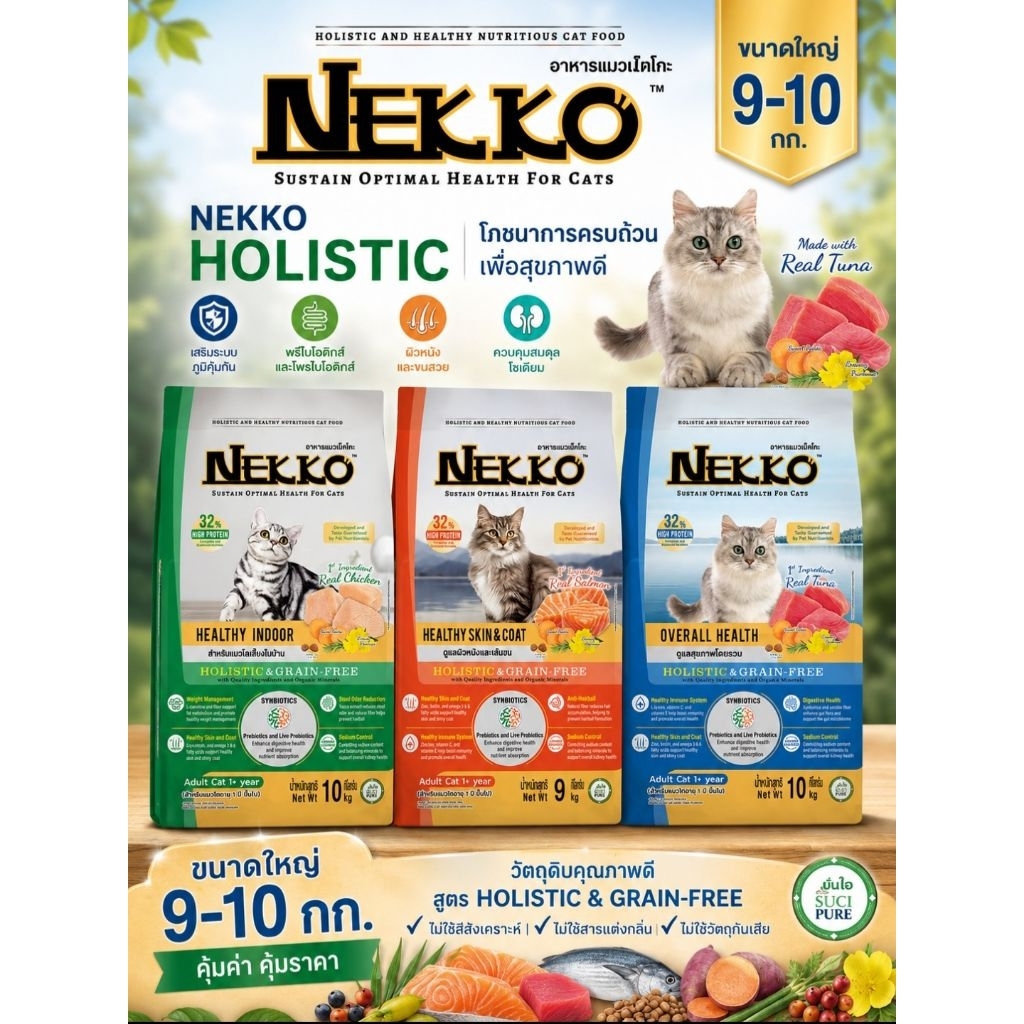 [กระสอบ] Nekko Holistic&Grain Free น็กโกะ อาหารเม็ดแมว ขนาด 9-10 กิโลกรัม