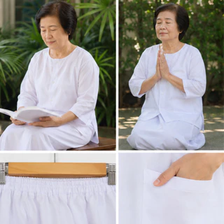ชุดปฎิบัติธรรมผ้าฝ้ายโทเรสีขาวนวล (เสื้อ+ผ้าถุงเอวยืด) ชุดขาว ชุดทำบุญ ชุดนั่งสมาธิ สีขาวนม
