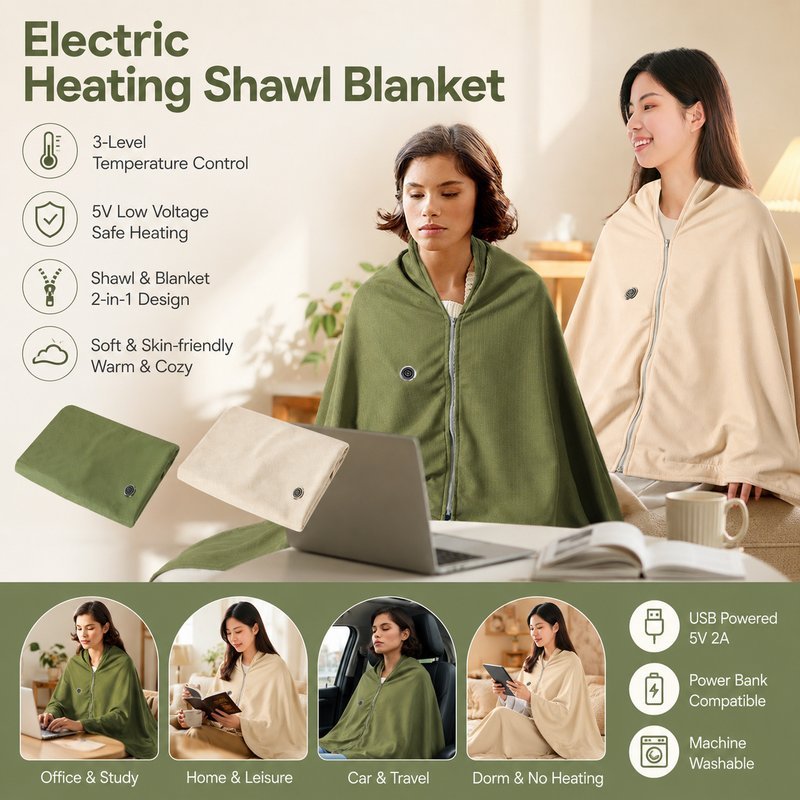 Electric Blanket USB ผ้าห่มอุ่นแบบคลุมไหล่ ปรับอุณหภูมิ 3 ระดับ ใช้พักผ่อนในบ้าน ใช้กับอะแดปเตอร์หรือพาวเวอร์แบงก์