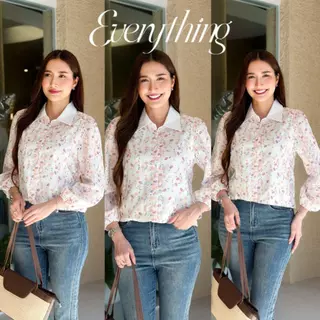 Everything2019 เสื้อผู้หญิงคอปก แขนยาว งานลูกไม้ฉลุ มีซับใน ดีไซน์เก๋ ใส่ทำงาน ใส่งานบุญ (2117)