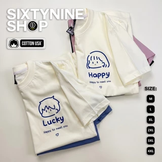เสื้อยืดพิมพ์ลาย " Happy & Lucky " เสื้อคู่รัก เสื้อคู่ unisex ผ้าคอตตอน พร้อมส่ง