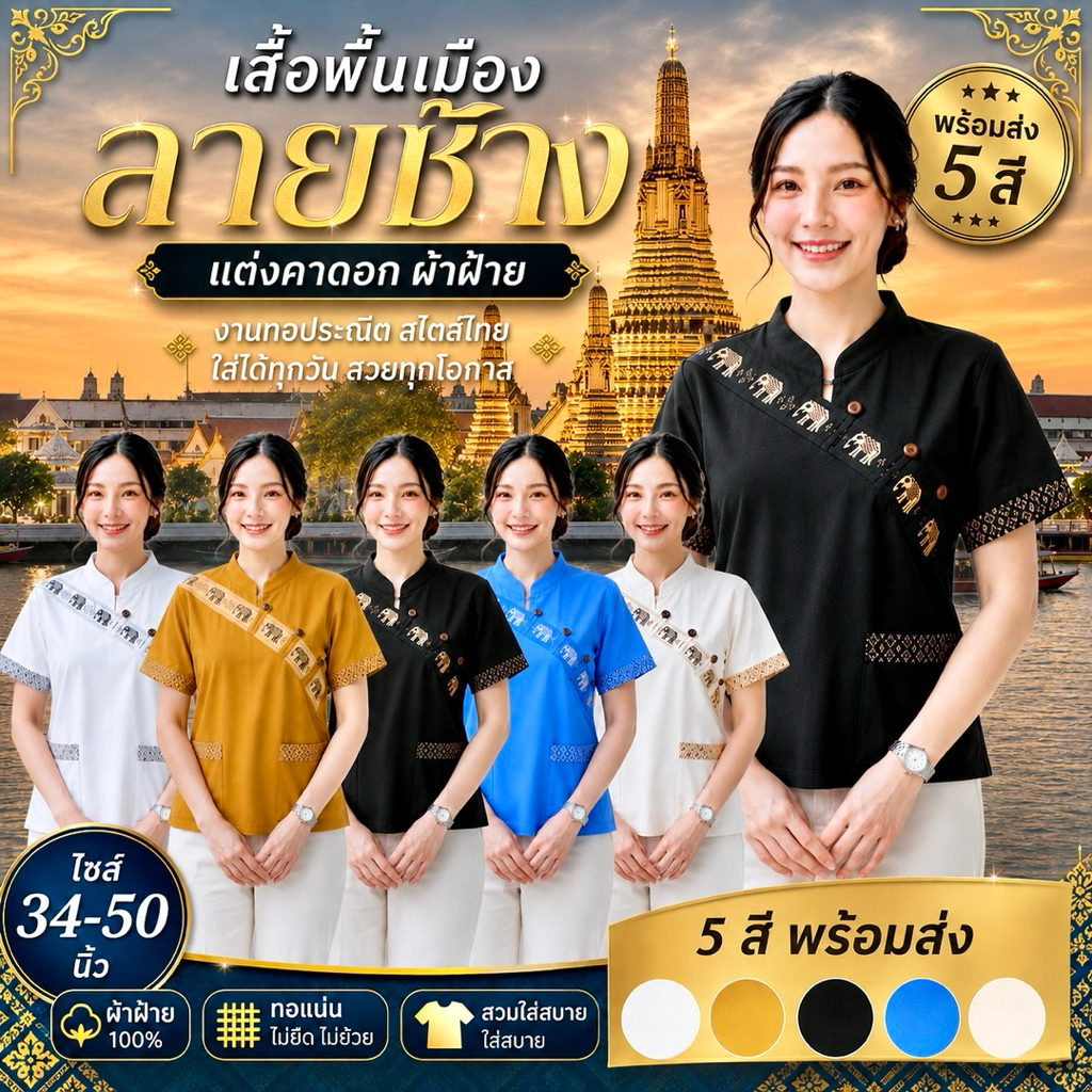 เสื้อคอจีน แต่งคาดอก ลายช้างไทย🐘