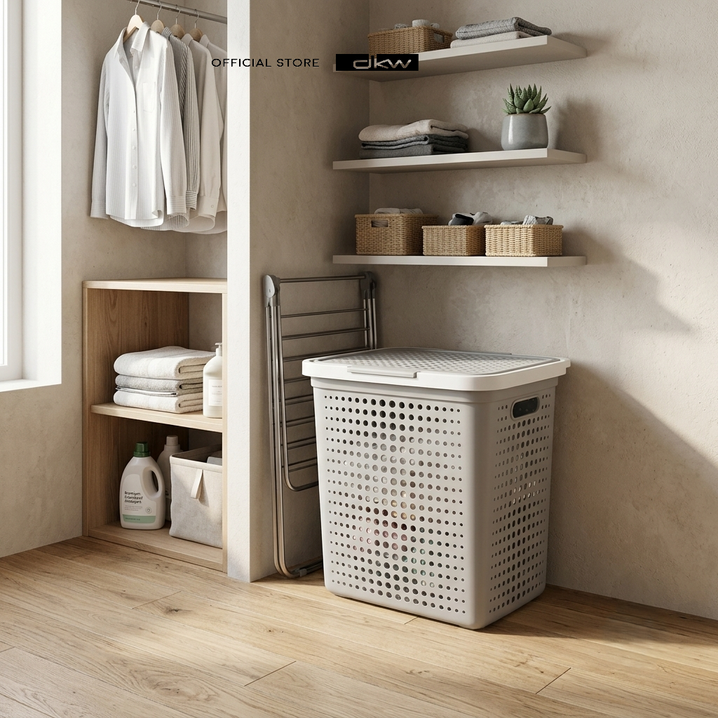 DKW HH-1222L สีเทา ตะกร้า ใส่ ผ้า พลาสติกอเนกประสงค์ Bubble (มีฝา) Plastic Storage Basket