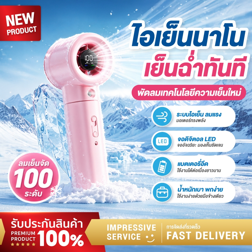 พัดลมสเปรย์น้ำพกพา พัดลมมือถือปรับลม100ระดับ ชิปAIคุมอุณหภูมิ แบต3000mAh หน้าจอLED ชาร์จType-C Portable Spray Fan