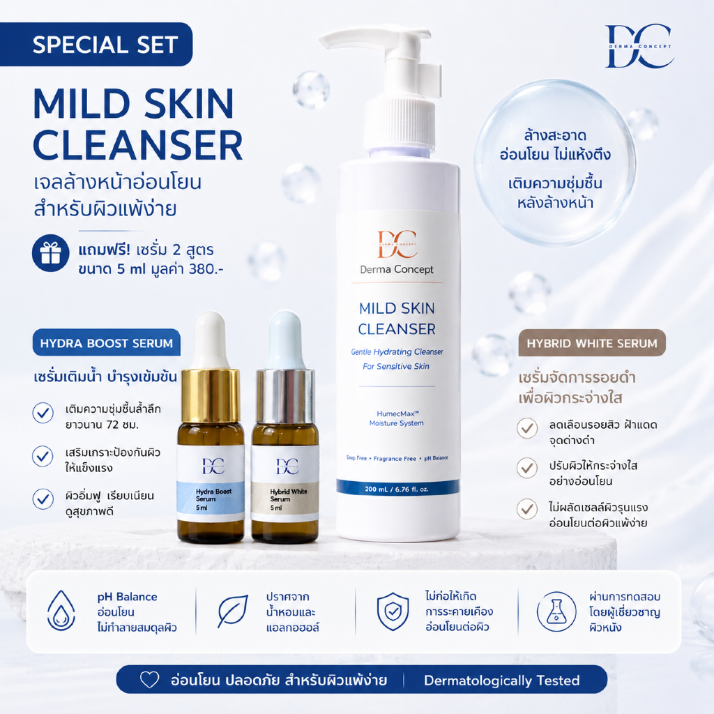 Derma Concept Starter Set ผิวแพ้ง่าย | เจลล้างหน้า 200 ml + Hydra Boost Serum 5 ml + Hybrid White Serum 5 ml