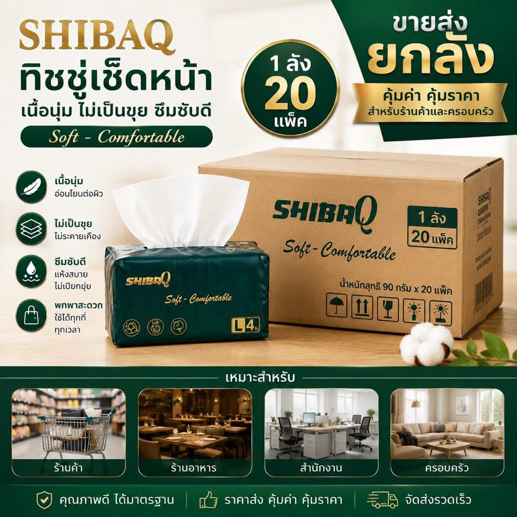 (20ห่อ) SHIBAQ ทิชชู่เช็ดหน้า 90 กรัม ยกลัง 20 แพ็ค เนื้อนุ่ม ไม่เป็นขุย ซึมซับดี ราคาส่ง