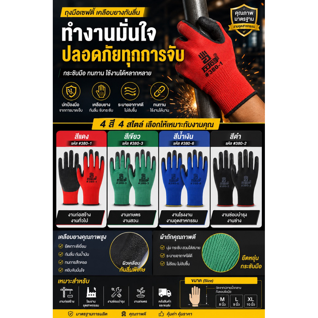 (ออกใบกำกับภาษีได้) ถุงมือผ้าเคลือบยาง ถุงมือกันบาด ขนาดฟรีไซส์