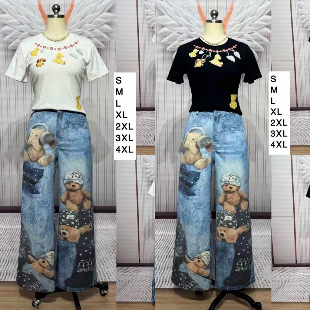 (ปกติ .5 ข้าม) ชุดยีนส์ เสื้อยืด+กางเกงยีนส์ ลายหมี งานป้าย chalita
