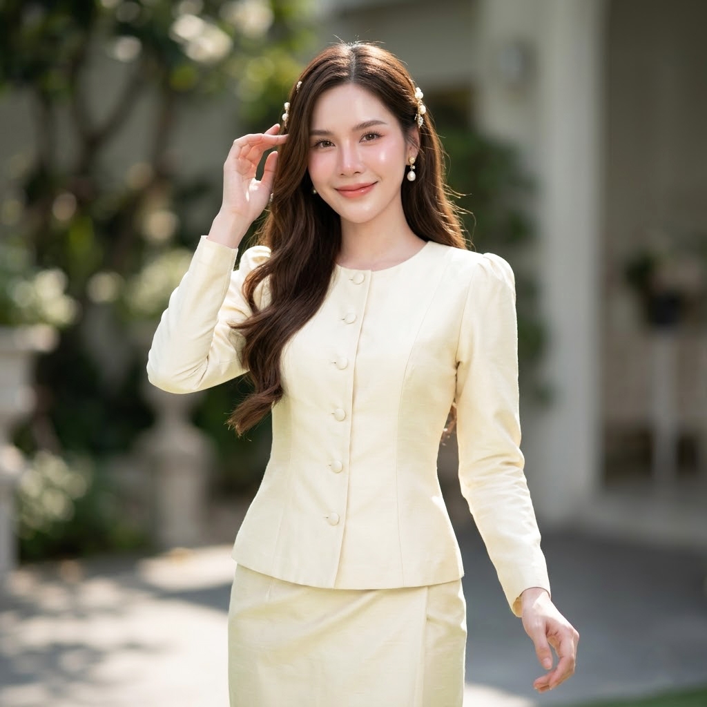เสื้อไทยเรือนต้น ไหมสี่เส้น สีขาวงา คอกลมแขนยาว อัดกาวเต็มตัว งานตัดเย็บประณีต [รหัส ทท1]