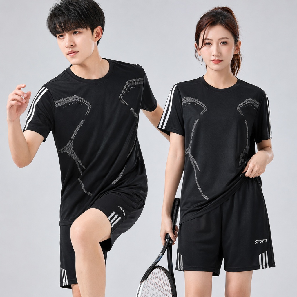ชุดกีฬา ผู้ชาย เนื้อผ้าดี ซับเหงื่อ เบาสบายระบายอากาศ พร้อมเสื้อยืด+กางเกงขาสั้น