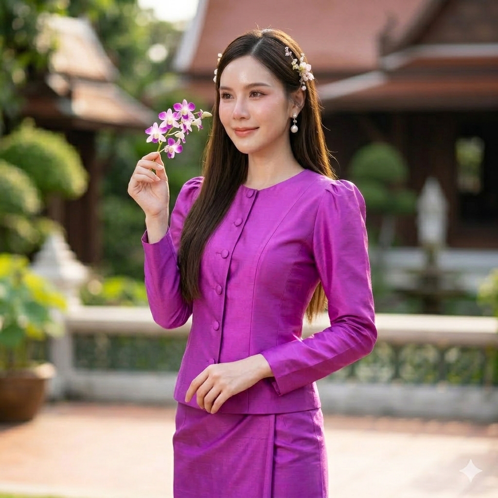 เสื้อไทยเรือนต้น ไหมสี่เส้น สีม่วงเข้ม คอกลมแขนยาว อัดกาวเต็มตัว งานตัดเย็บประณีต [รหัส ทท5]