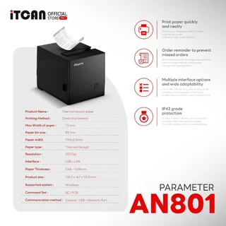 iTCAN เครื่องพิมพ์ใบเสร็จ AN801 เครื่องปริ้นใบเสร็จความร้อน ตัดกระดาษอัตโนมัติ รองรับกระดาษ 80MM