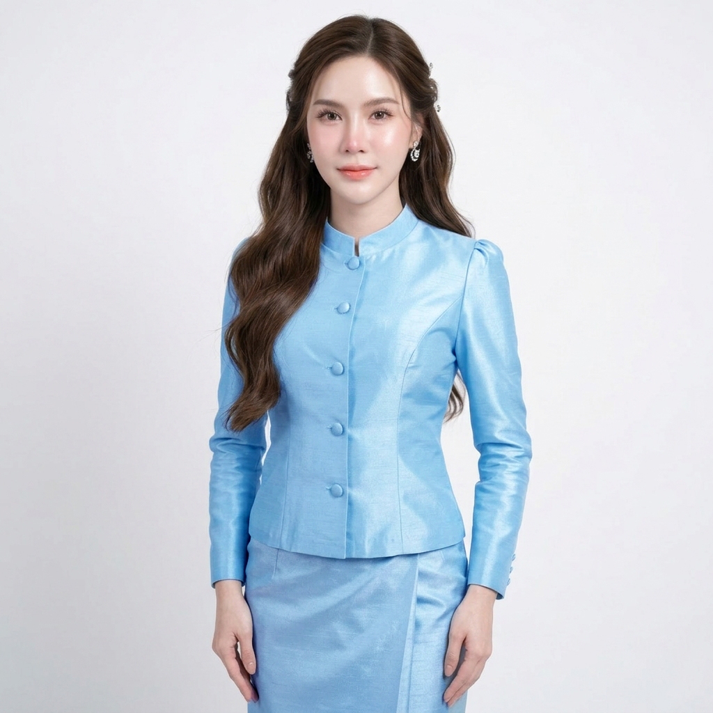 เสื้อจิตลดาไหมสี่เส้น สีฟ้าอ่อน คอจีนแขนยาว เสื้อชุดไทยสุภาพ เสื้อไซส์ใหญ่ อก34-46นิ้ว [M2]
