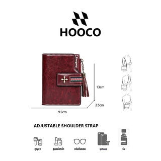 HOOCO กระเป๋าสตางค์ กระเป๋าสตางค์สั้น ผิวหนังวินเทจ ตกแต่งพู่ด้าม ซิปใส่เหรียญ กระเป๋าเงินผู้หญิง