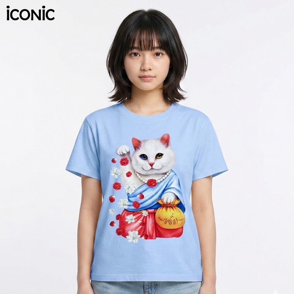iCONiC KHAO MANEE T-SHIRT #20585 เสื้อยืด สีฟ้า ลายแมว เริ่ด ถุง ดอกไม้ กุหลาบ มะลิ สงกรานต์