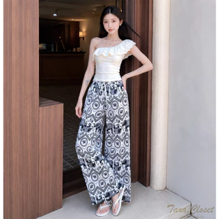COM507 TARA Pants กางเกงช้างขายาว เอวยางยืด ทรงขากระบอกใหญ่ ผ้าไหมอิตาลีอย่างดี ลายผ้าขา 2 ข้าง ตรงกัน ช้างไม่กลับหัว
