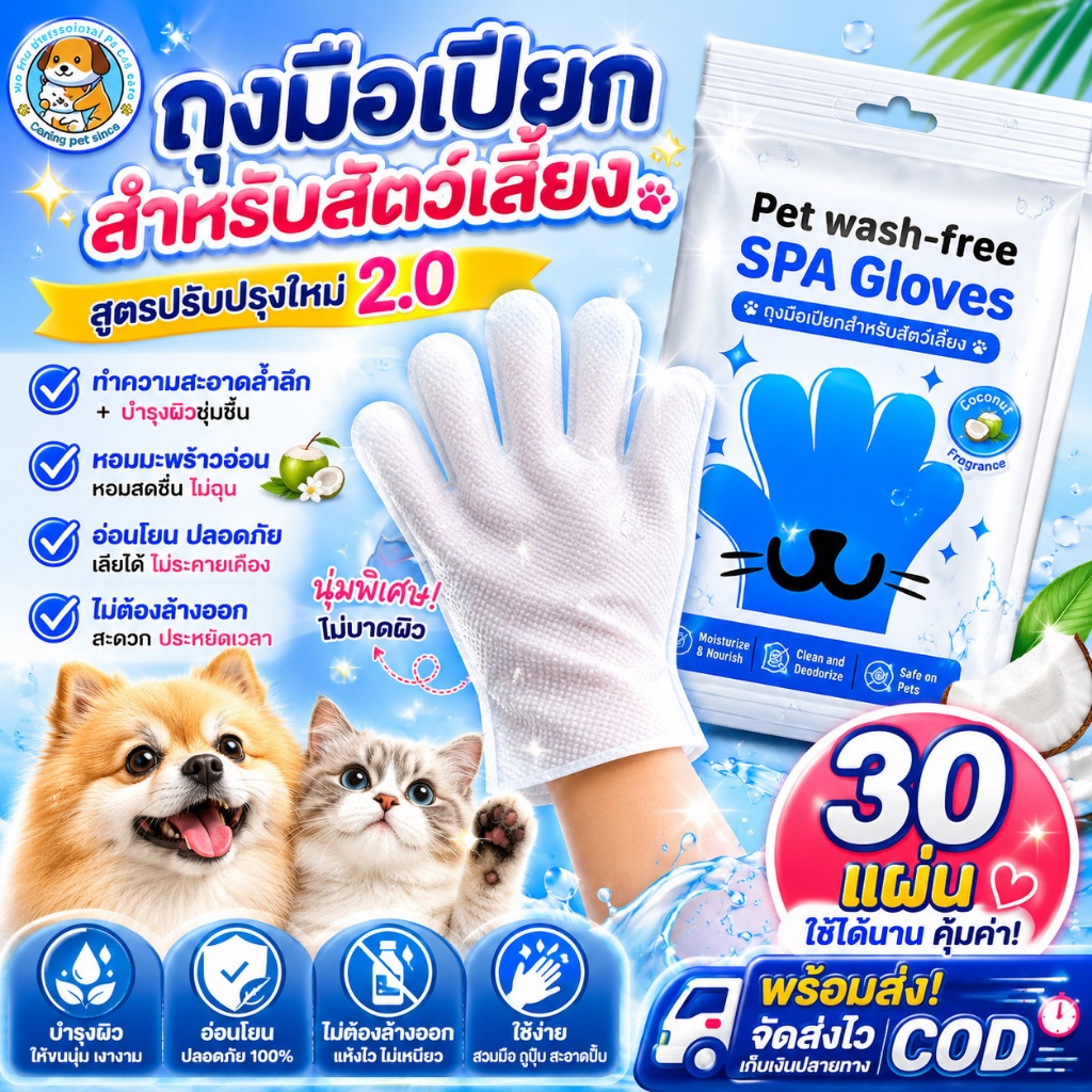 ถุงมือสปา ถุงมือเปียกอาบน้ำสัตว์เลี้ยง ใช้แล้วทิ้ง อาบน้ำแห้ง ขจัดกลิ่น ถุงมือทำความสะดวกสัตว์เลี้ยง แพ็คละ6ชิ้น