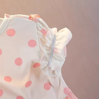 🎀 ชุดเดรสเด็กผู้หญิงลายจุด พร้อมเสื้อคอบัว แต่งหมีน่ารัก สไตล์เจ้าหญิง ใส่สบาย น่ารักสดใส 0-2ปี