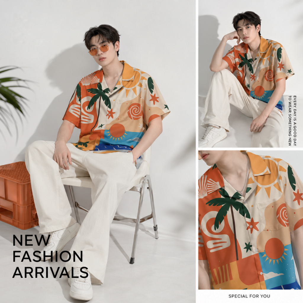 11.WOLF  Palm Summer Hawaii Shirt เสื้อเชิ๊ตแขนสั้นต่อลาย เสื้อเชิ้ต เสื้อฮาวาย เสื้อเชิ้ตฮาวาย ลายปาล์มซัมเมอร์/ H360