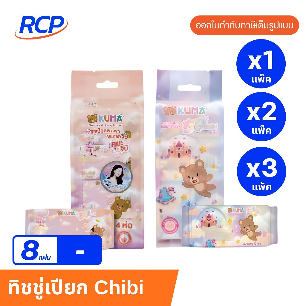 RCP - ทิชชู่เปียก KUMA รุ่น Chibi Edition พกพาไซซ์มินิ 8 แผ่น (จัดชุด 1-3แพ็ค)
