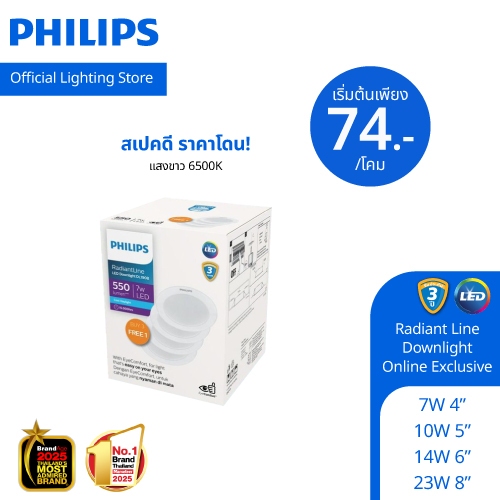 [OnlineExclusive] Philips Lighting Downlight โคมไฟดาวน์ไลท์ LED รุ่นRadiantLine ไซส์ช่องตัด 4"-8" แสงขาว6500K แพ็ค3ฟรี1