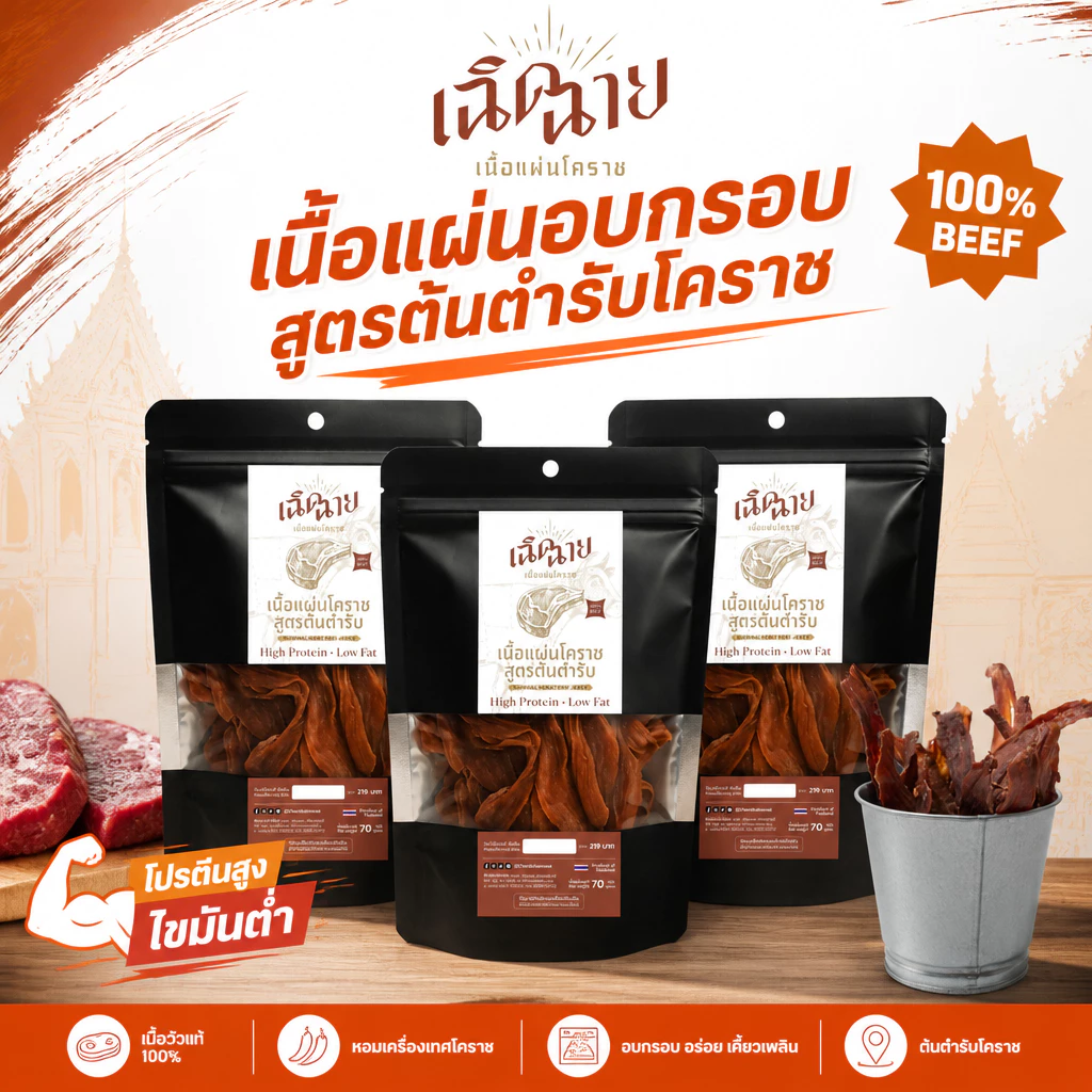 เนื้อแผ่นโคราชอบ 3 ชิ้น อบพร้อมทาน ของกินเล่น โปรตีนสูง เคี้ยวเพลิน พร้อมส่ง