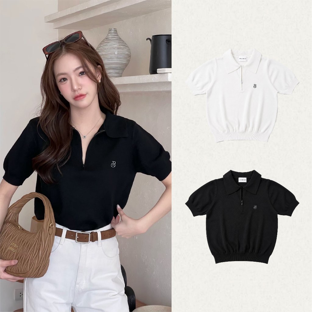 TOPBASIX - Zip Polo top เสื้อโปโล ผ้าไหมพรม