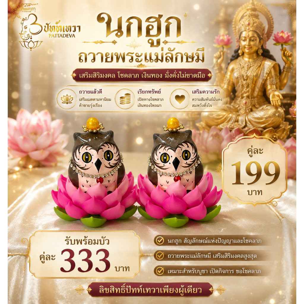 นกฮูกถวายพระแม่ลักษมีอ้วนพร้อมฐานดอกบัว คู่ละ 333 บาท
