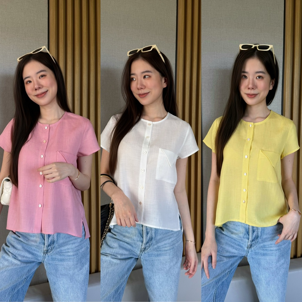 W2เสื้อลินินซิลค์คอกลมแขนสั้นดระดุมหน้าน่ารักๆอก38/40/42/44