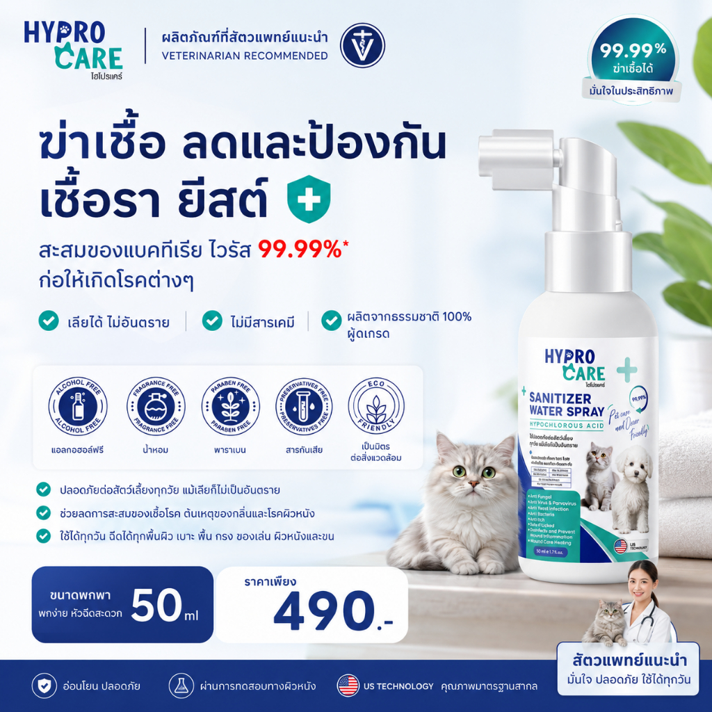 สเปรย์ทำความสะอาดสัตว์เลี้ยงไฮโปรแคร์ ลดและป้องกันเชื้อราเชื้อโรค พ่นแผลได้ แผลสดแห้งไว